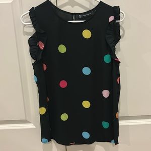 New York & Co black with multi-color polka dot ruffle sleeve top